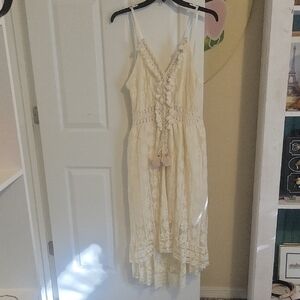 Chic Sz3X Cream Boho goth Lace lined overlay front tassel pompoms High-Low Dress